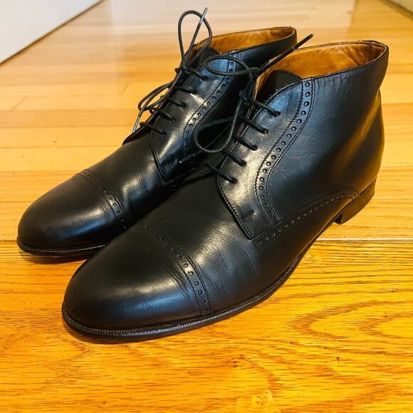 VTG Bostonian Oxford Ankle Boots Mens 9.5  Black Leather Lace Up Chukka Italy main image 9
